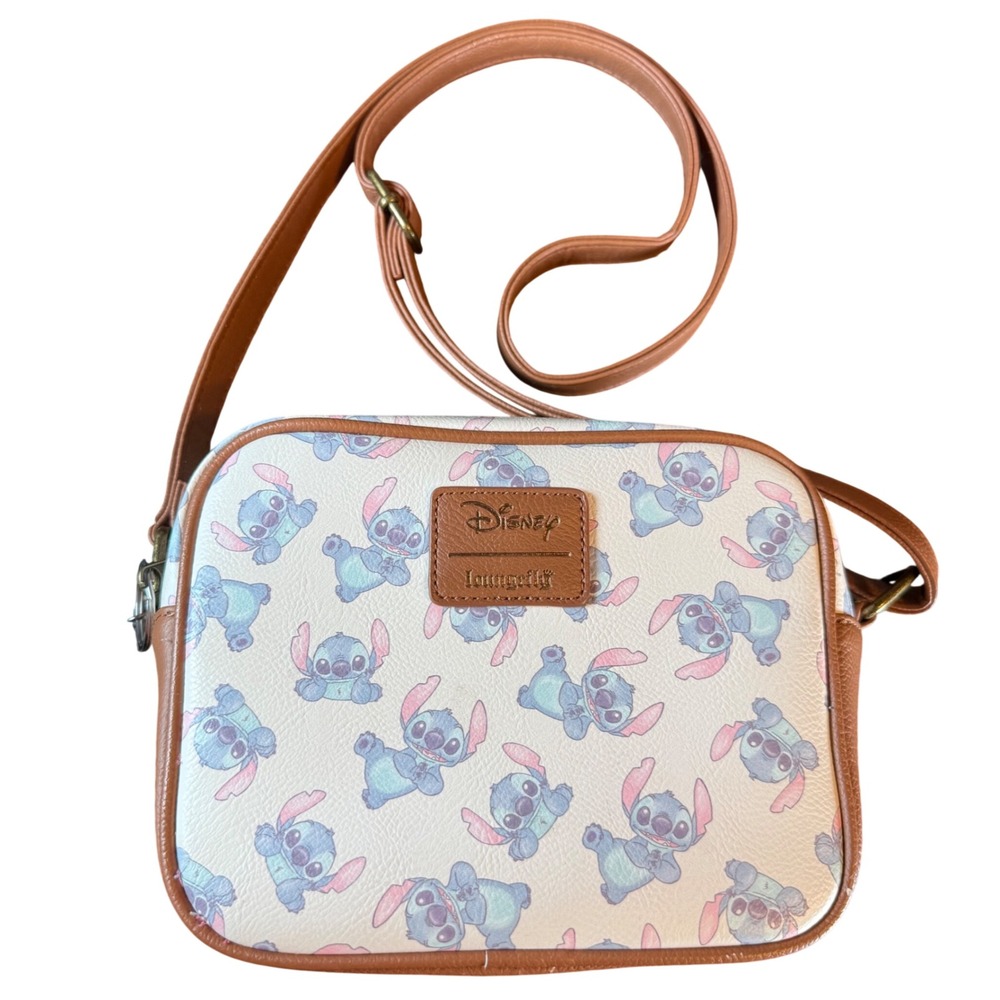 Disney Loungefly Stitch Crossbody Bag Brown Cream Allover Print Charm WDTB1662